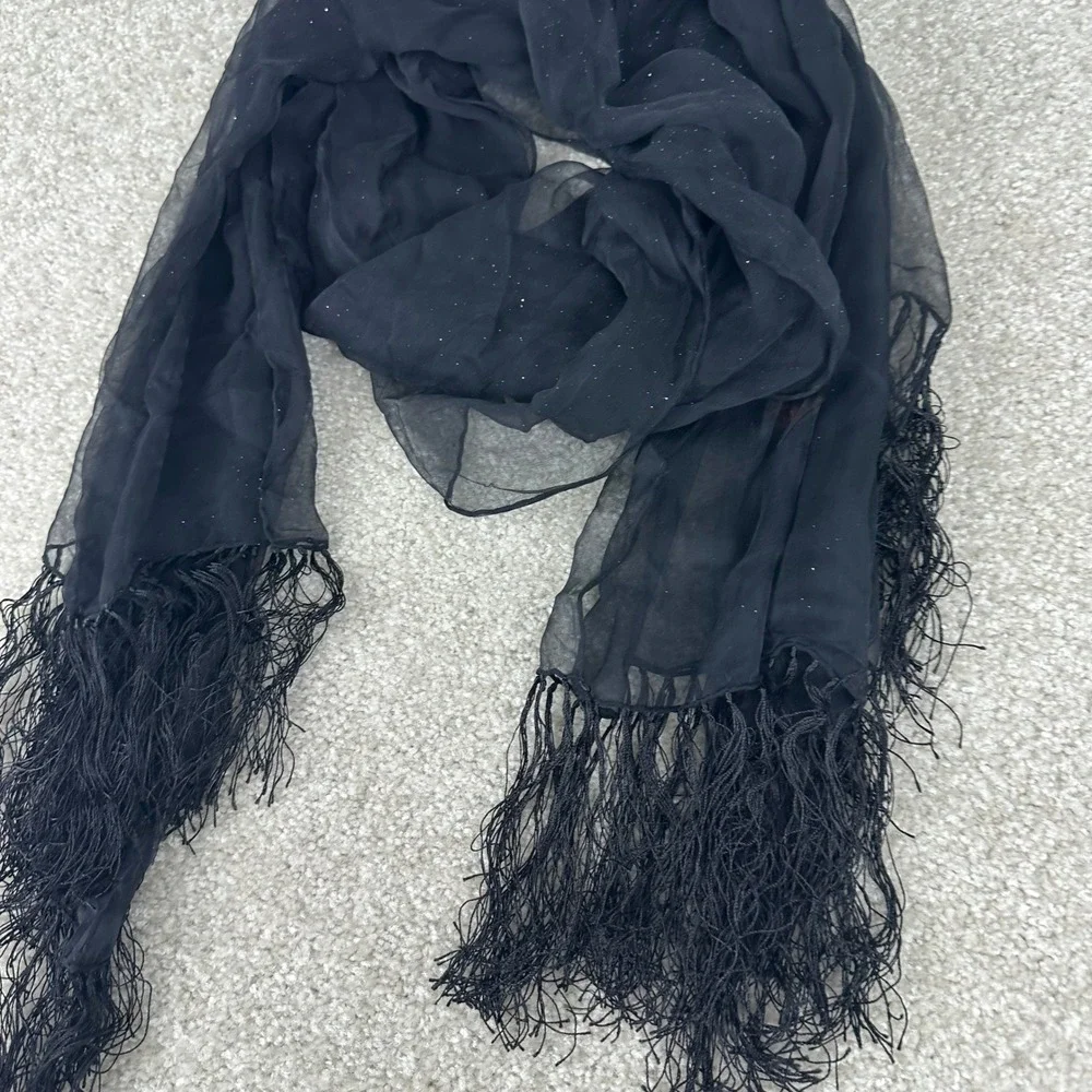 Black Sheer Glitter Fringe Shawl Wrap Evening Scarf Lightweight Shimmer Trim